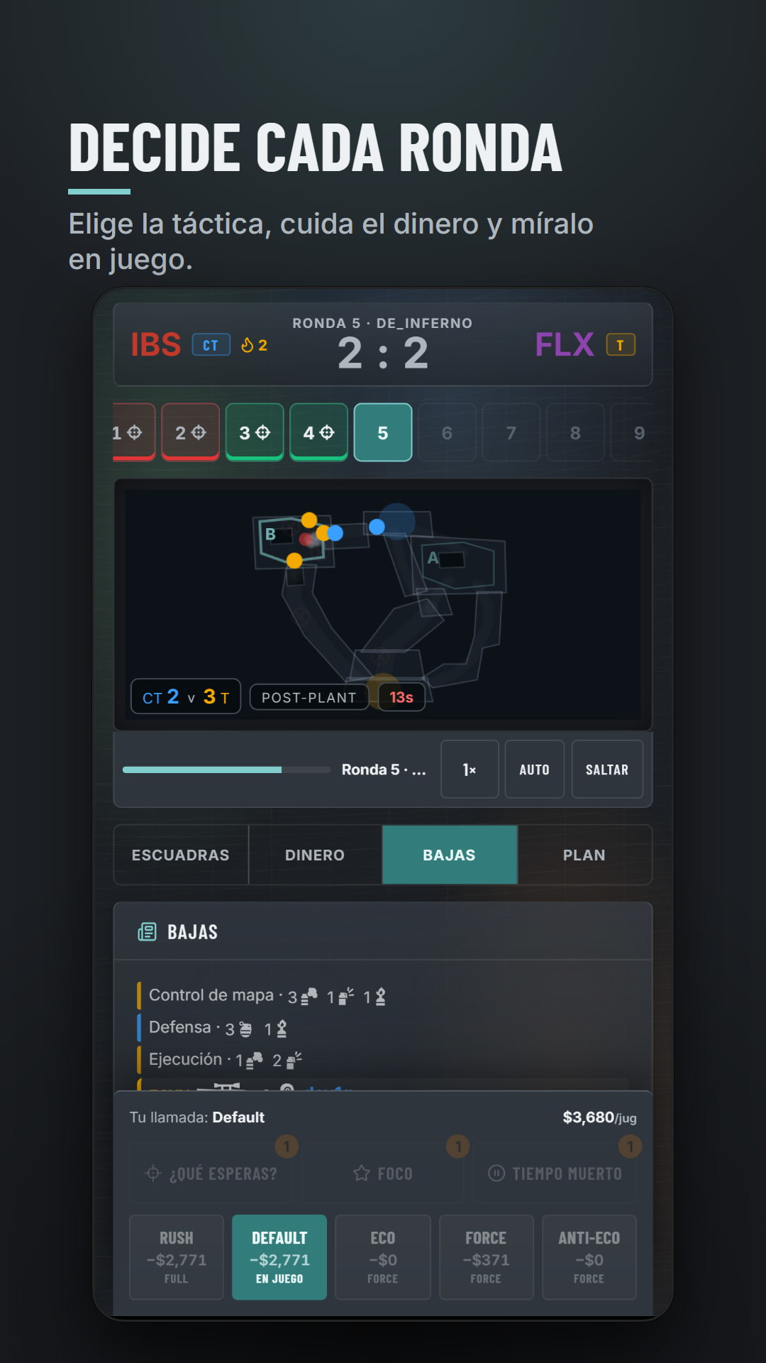 Pantalla de partido de CSManager: marcador, ronda en el visor 2D y selector de táctica