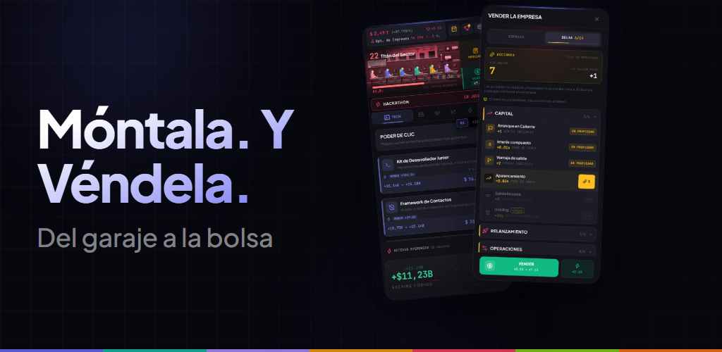 Pantallas del juego: la oficina con el equipo y el panel para vender la empresa