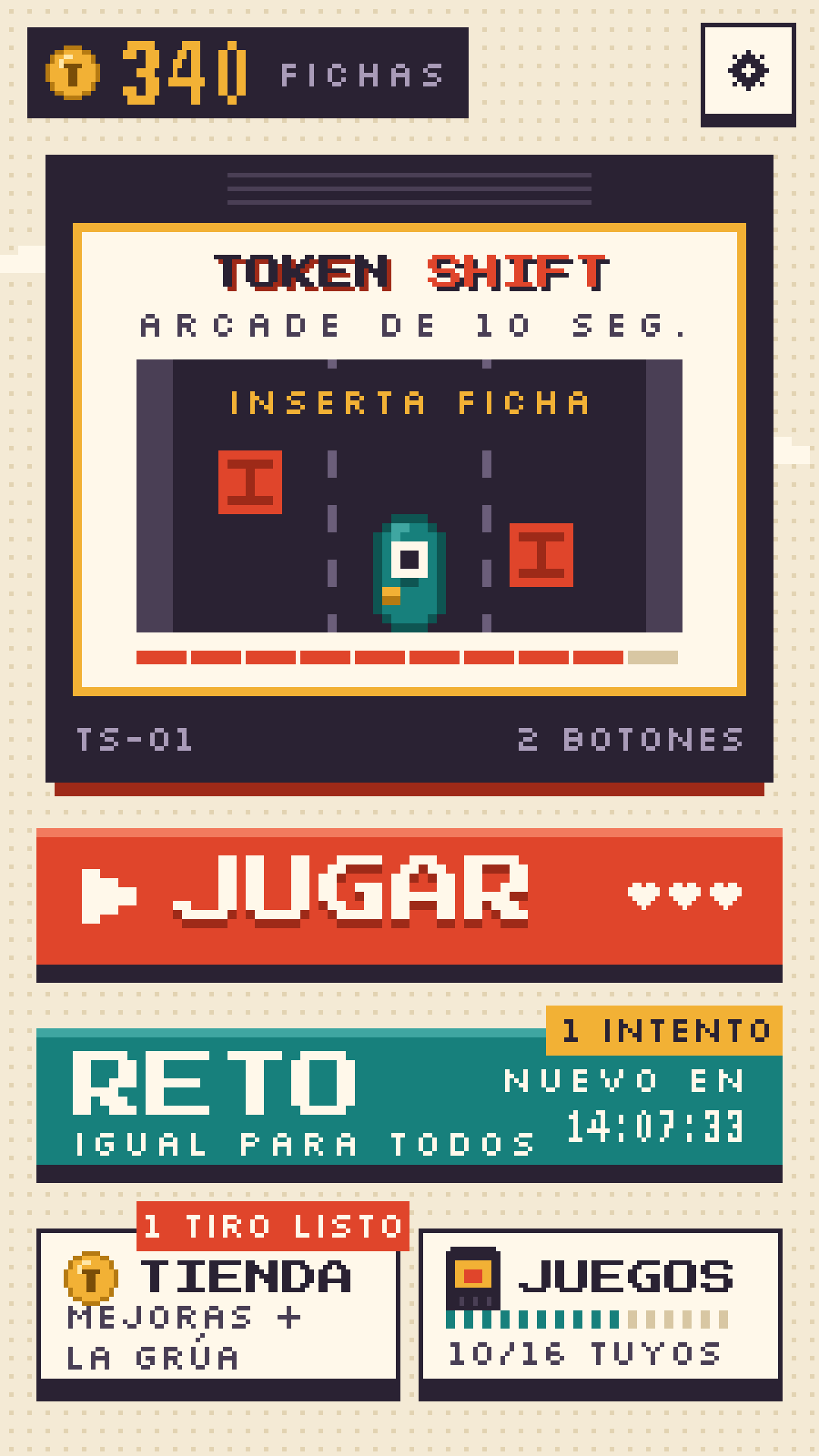 Menú de Token Shift: el cartucho TS-01 con F esquivando bloques, el botón Jugar y el reto diario